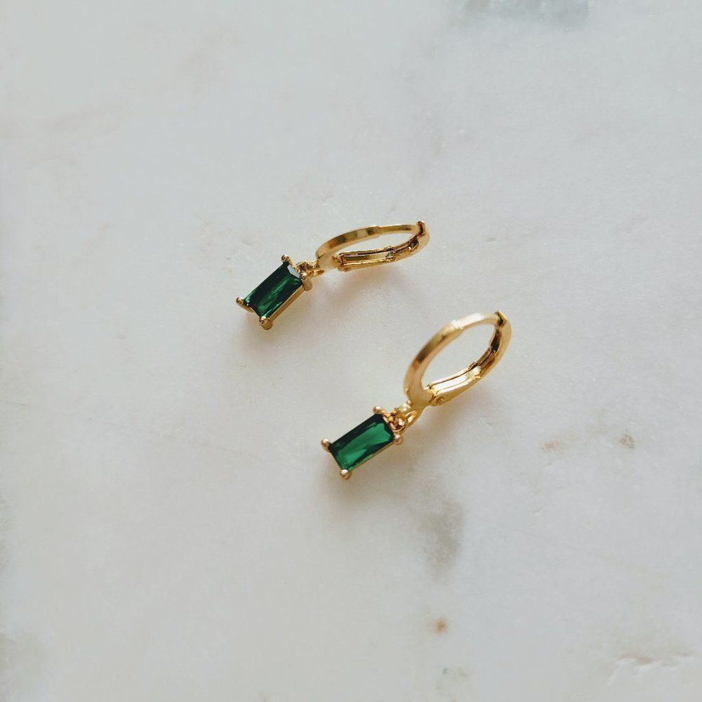 7/$35 Gold Tone Green Rhinestone Huggies - Picture 3 of 7
